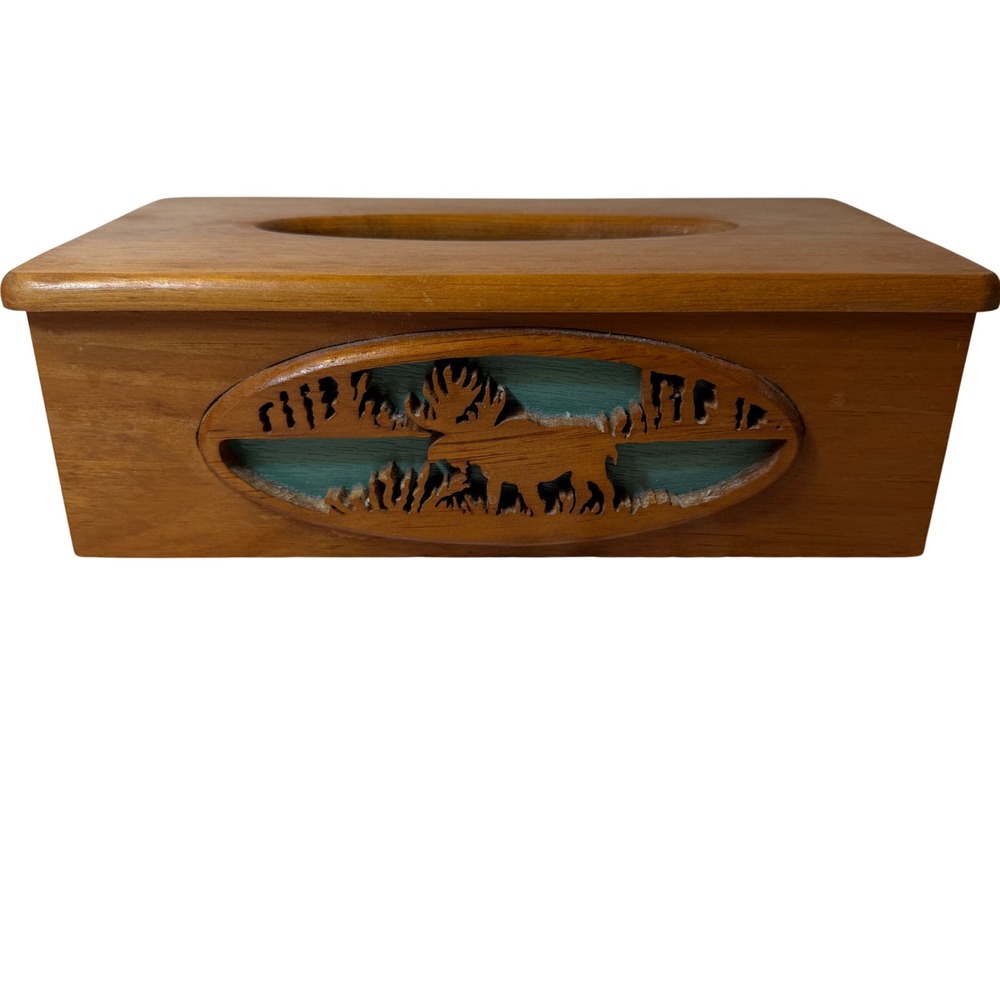 Vintage Rustic Wooden Moose Tissue Box Cover Hand Carved Lodge Cabin Decor